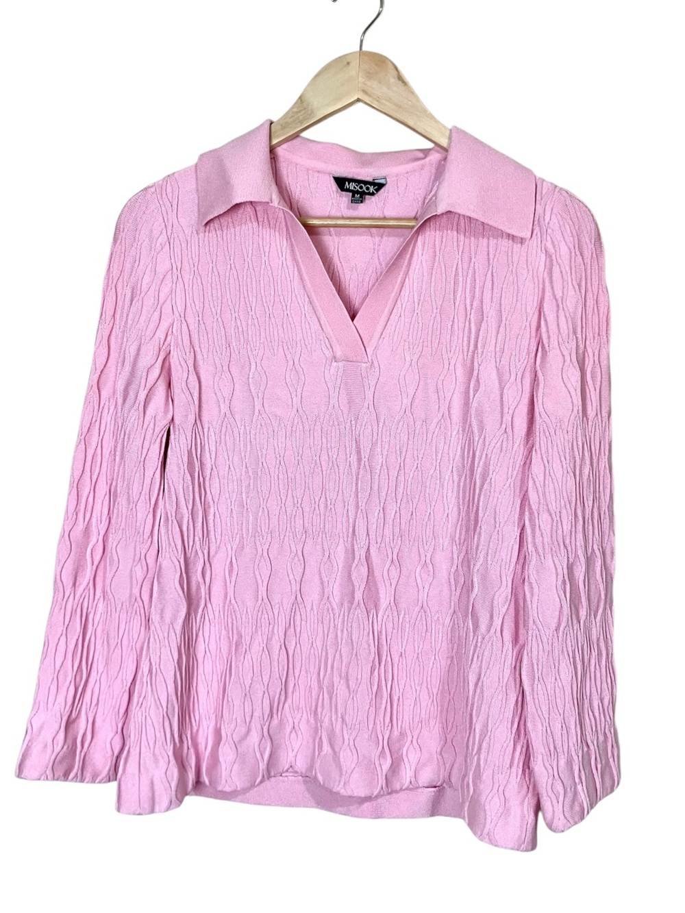 Misook Textured Wave Knit Collared Pull Over Sweater Pastel Pink Size Medium